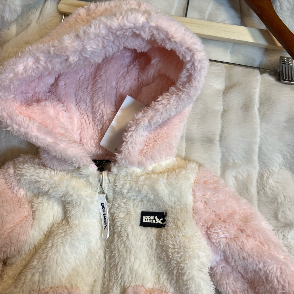 Nwt Eddie Bauer Baby Girl 3/6m Cream Pink Fall Winter Faux Sherpa Zip Pram Fuzzy